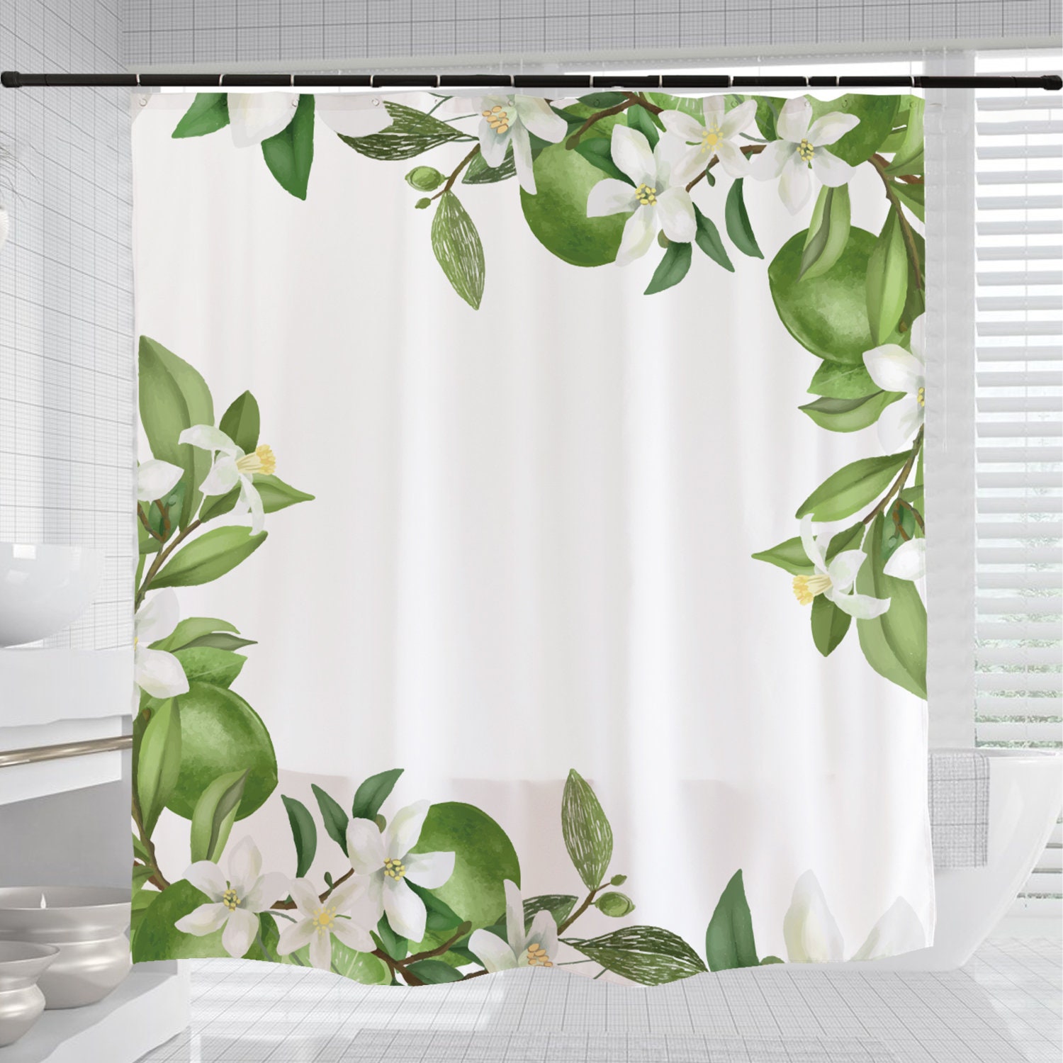 Customized White Flowers Shower Curtain with Hooks, Floral Plant Home Decor with Waterproof Washable Bath Curtain - Image 3