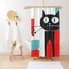 Cute Black Kitschy Kitty Atomic Cat Retro Mid Century Modern Bathroom Decor Shower Curtain in Aqua Blue, Red, and White