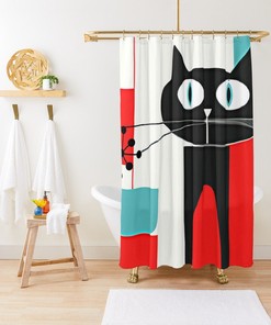 Cute Black Kitschy Kitty Atomic Cat Retro Mid Century Modern Bathroom Decor Shower Curtain in Aqua Blue, Red, and White
