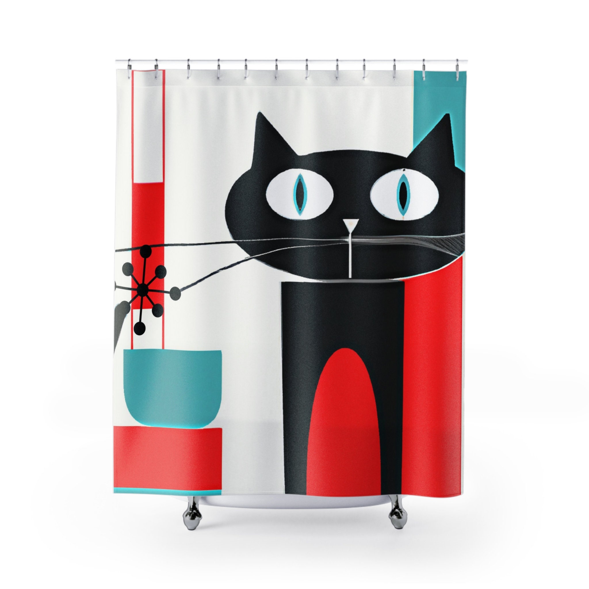 Cute Black Kitschy Kitty Atomic Cat Retro Mid Century Modern Bathroom Decor Shower Curtain in Aqua Blue, Red, and White - Image 2