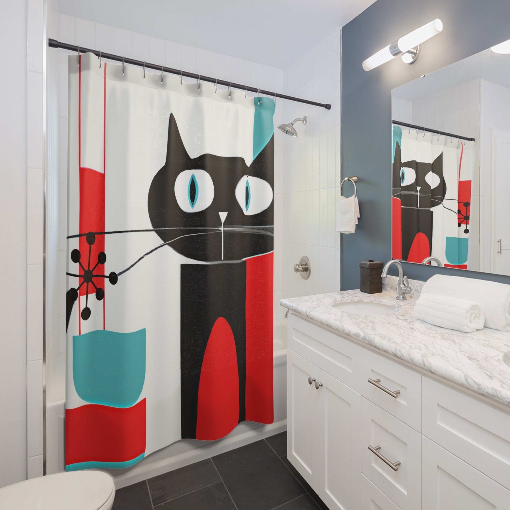 Cute Black Kitschy Kitty Atomic Cat Retro Mid Century Modern Bathroom Decor Shower Curtain in Aqua Blue, Red, and White - Image 3