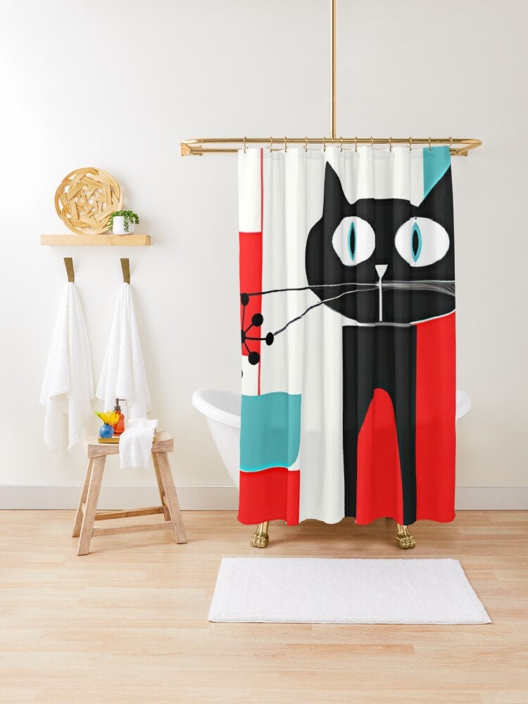 Cute Black Kitschy Kitty Atomic Cat Retro Mid Century Modern Bathroom Decor Shower Curtain in Aqua Blue, Red, and White - Image 4