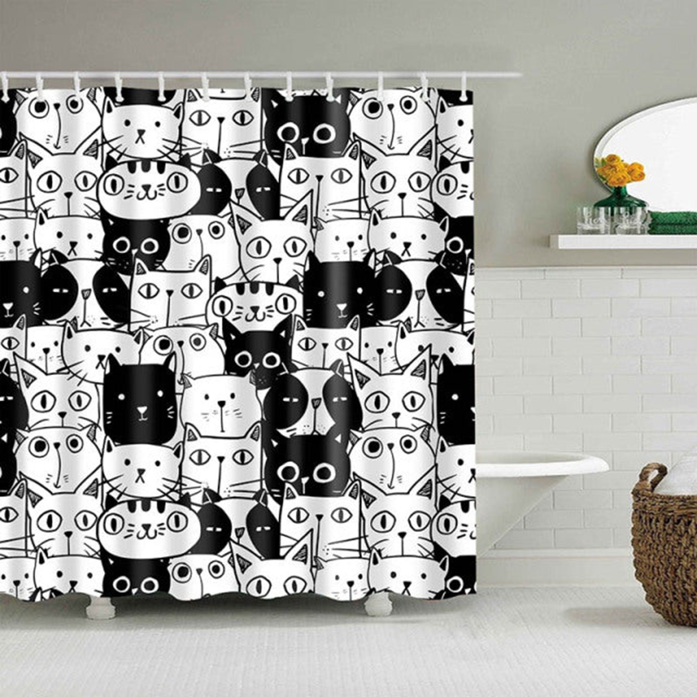 Cute Black and White Cat Shower Curtain, Pet Animal Fabric Bathroom Decor, Housewarming Gift Idea