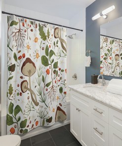 Cute Botanical Boho Mushrooms Shower Curtain, Biology Lover Shower Curtain, Botanical Bathroom Decor
