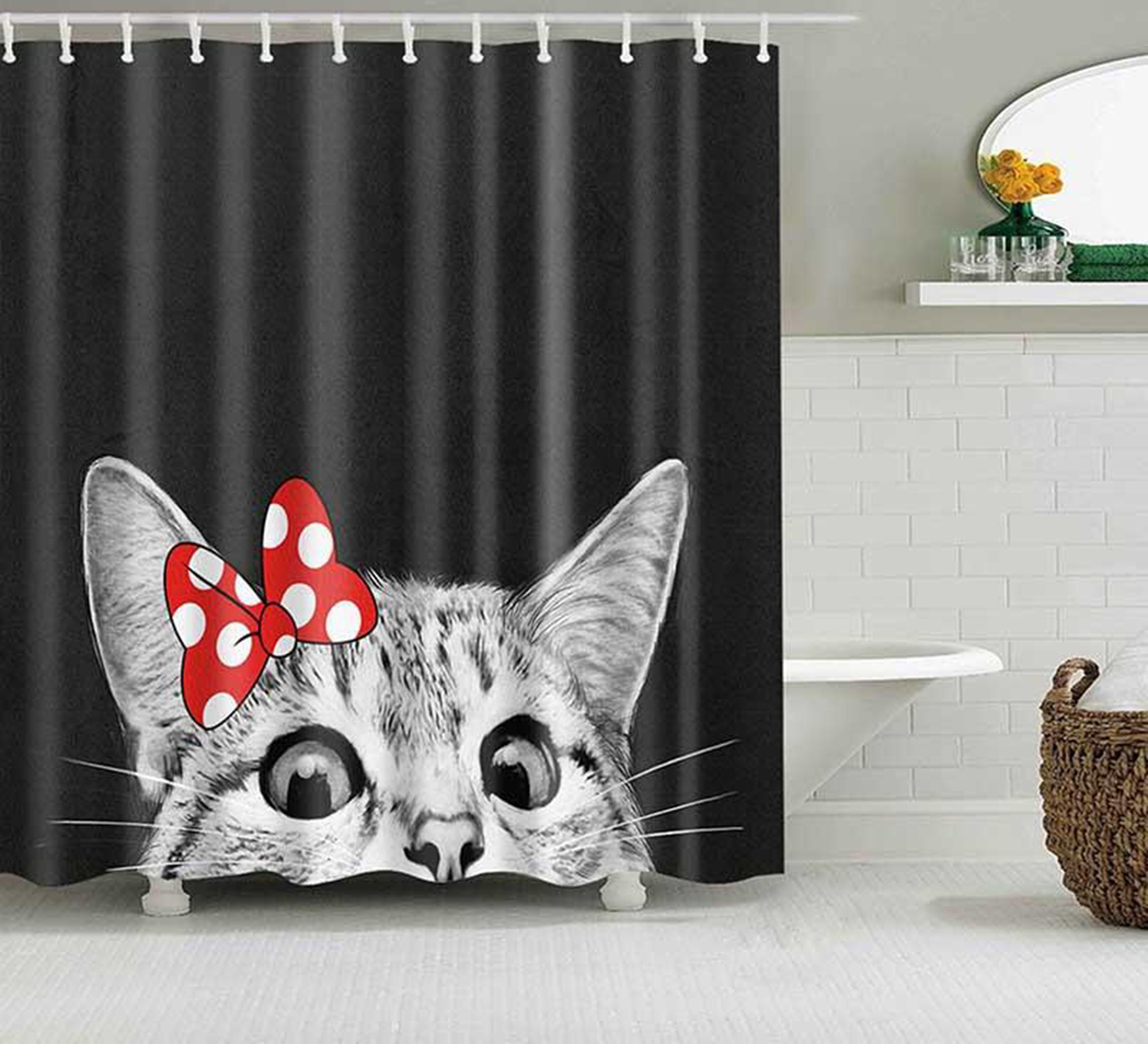 Cute Gray Cat Shower Curtain | White Ribbon Pet Animal | Home Bathroom Decor | Cat Theme | Gift for Cat Lovers