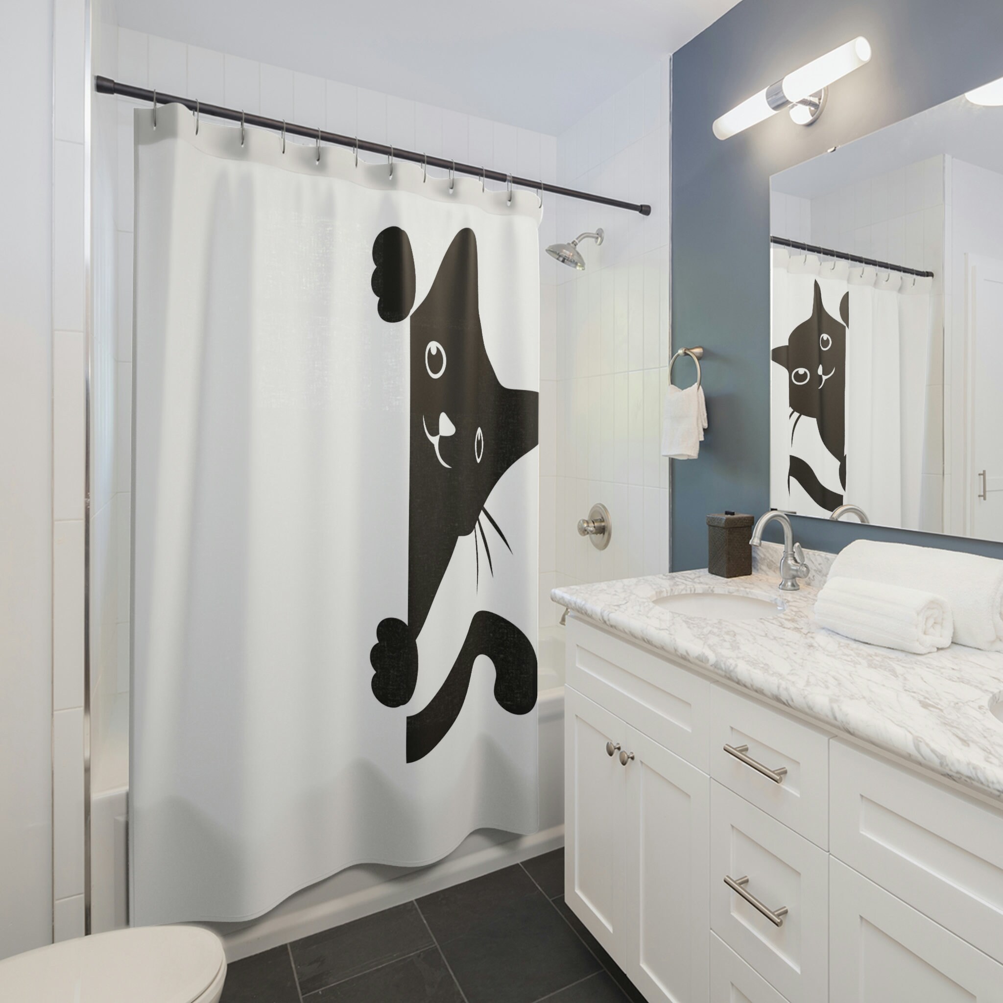 Cute Kitten Shower Curtain for Cat Lovers - Mid Mod Cat Design with a Funny Twist