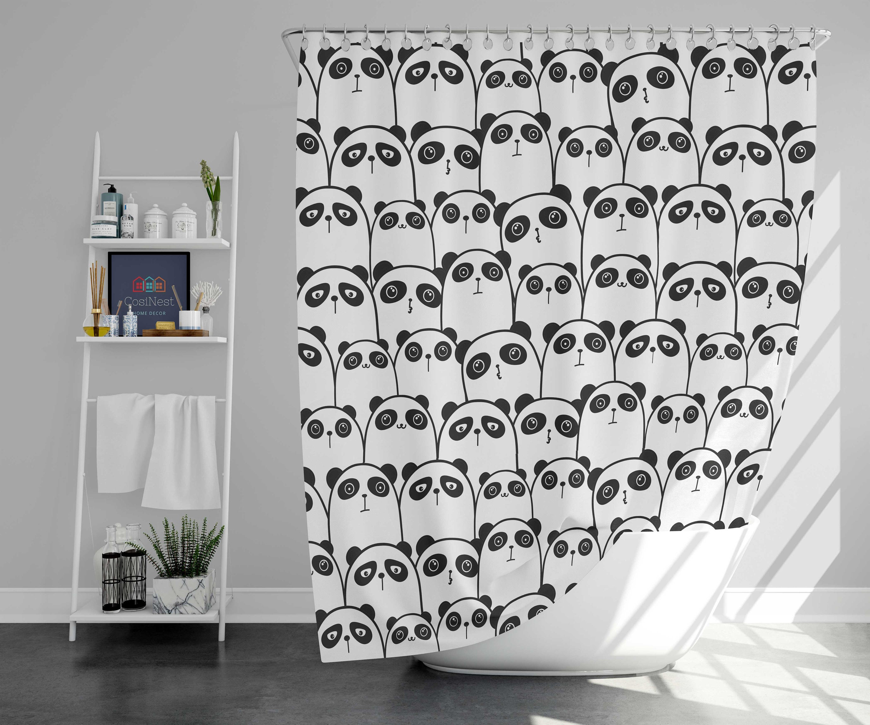 Cute Panda black white Shower Curtain | Animal zoo forest jungle wildlife Bathroom Curtain & Mat