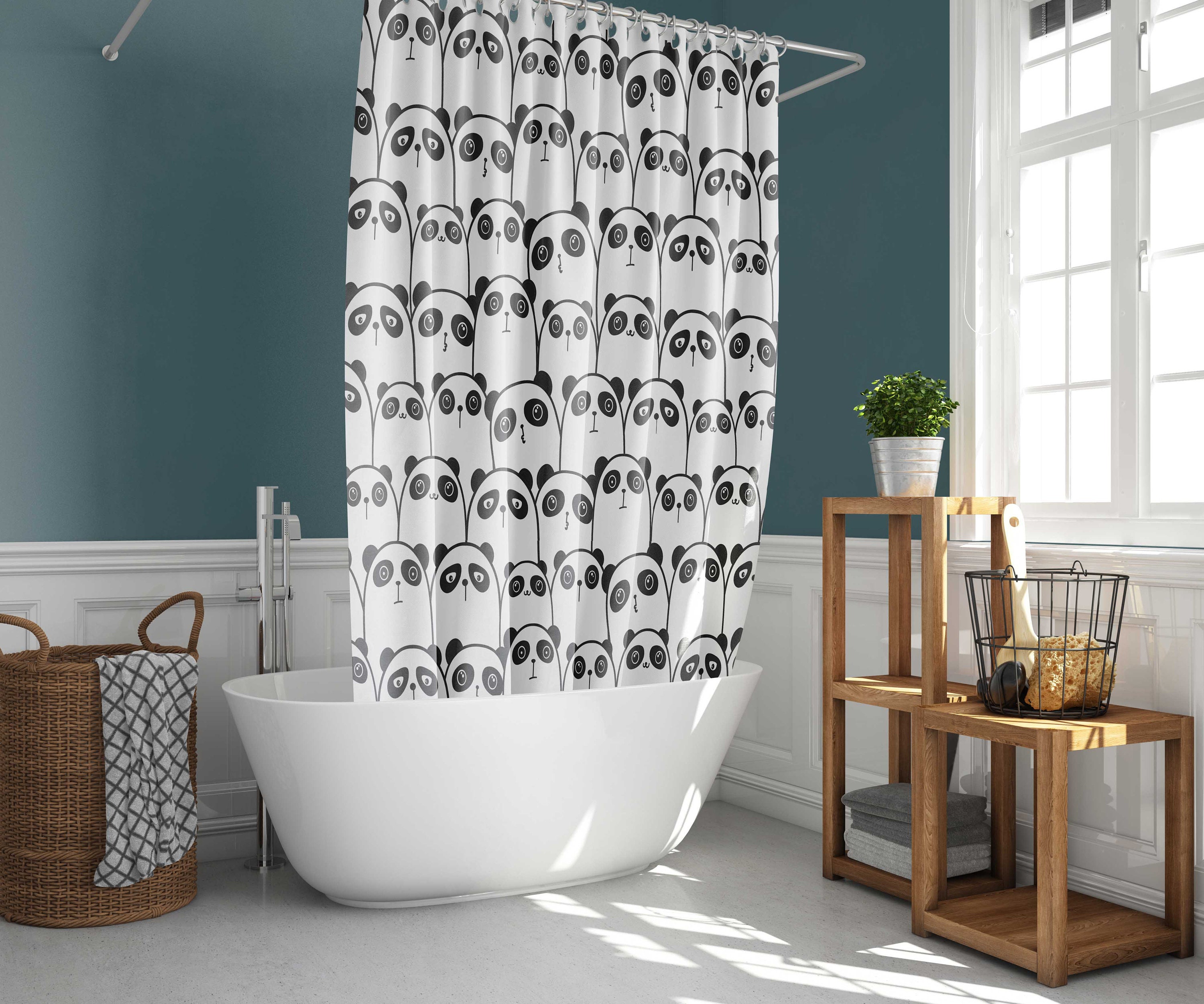 Cute Panda black white Shower Curtain | Animal zoo forest jungle wildlife Bathroom Curtain & Mat - Image 2