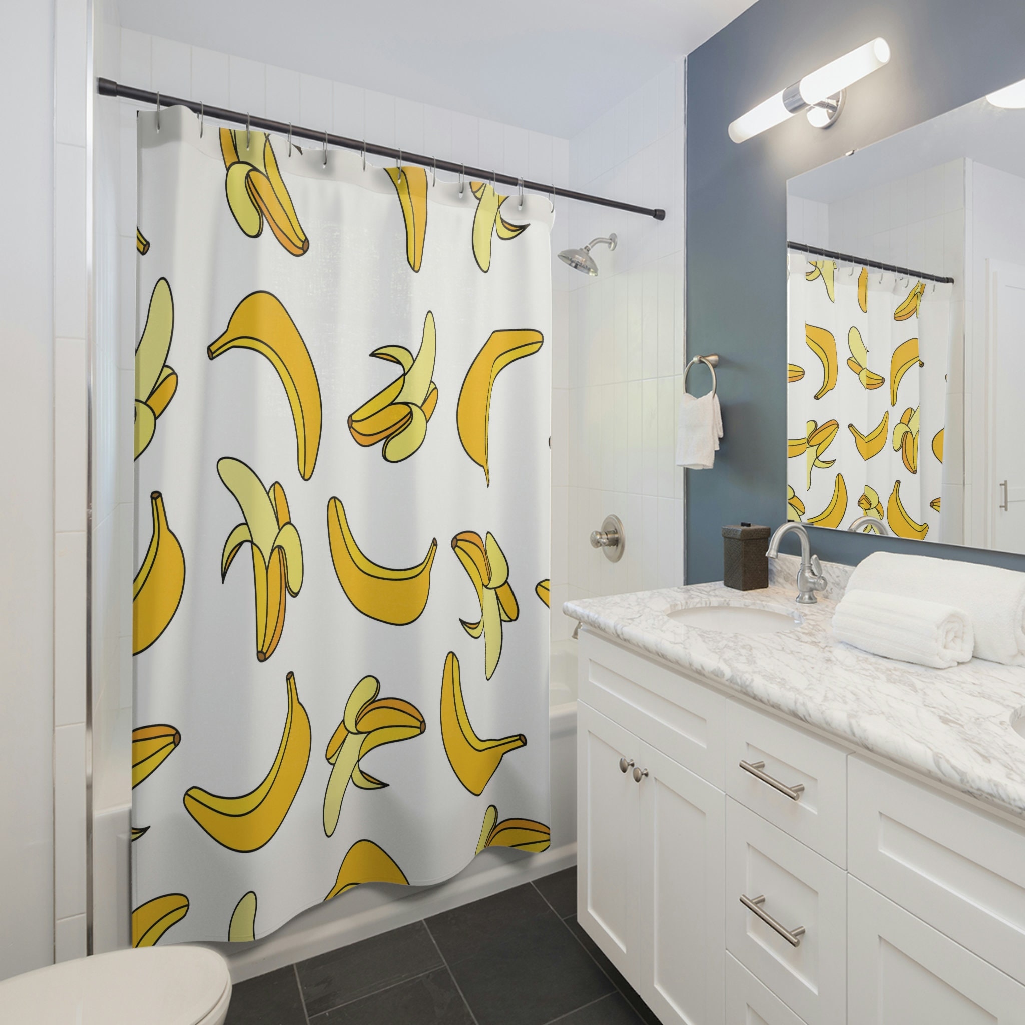 Cute Pop Art Banana Shower Curtain | Bathroom Accessories Decor | Kids Fruit Theme Curtain | Customized Sizes + Quotes