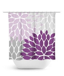 Cute Purple Kids Bathroom Shower Curtain, Extra Long Fun Floral Bath Decor for Purple and Gray Modern Bathroom