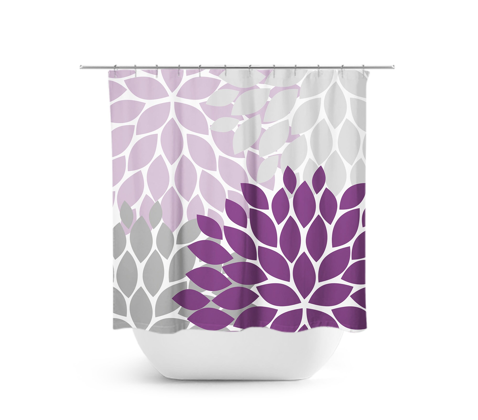 Cute Purple Kids Bathroom Shower Curtain, Extra Long Fun Floral Bath Decor for Purple and Gray Modern Bathroom
