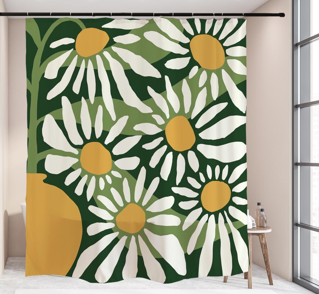 Daisy Flowers Waterproof Shower Curtain with Custom Sizes and Hooks - Image 2