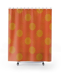 Daisy Orange and Yellow Retro MCM Home Decor Shower Curtain with Mid Century Modern Mod Appeal