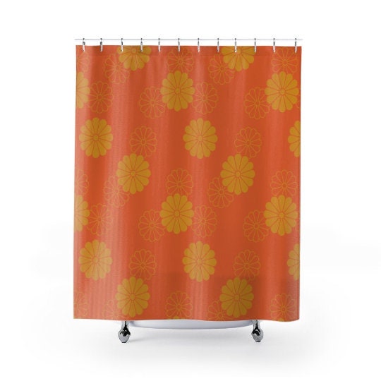 Daisy Orange and Yellow Retro MCM Home Decor Shower Curtain with Mid Century Modern Mod Appeal - Image 2