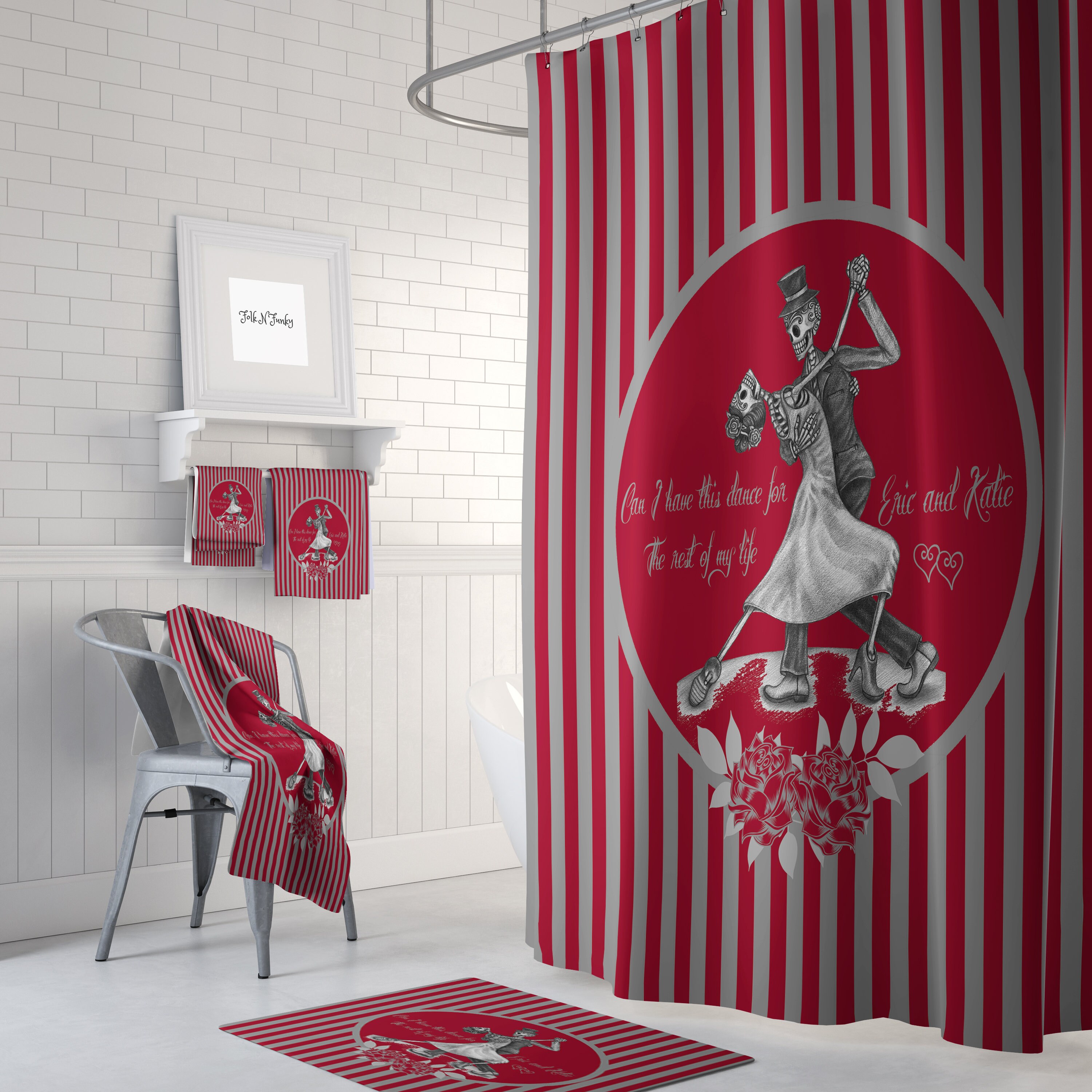 Dancing Sugar Skulls Shower Curtain Set with Custom Gothic Bathroom Decor
