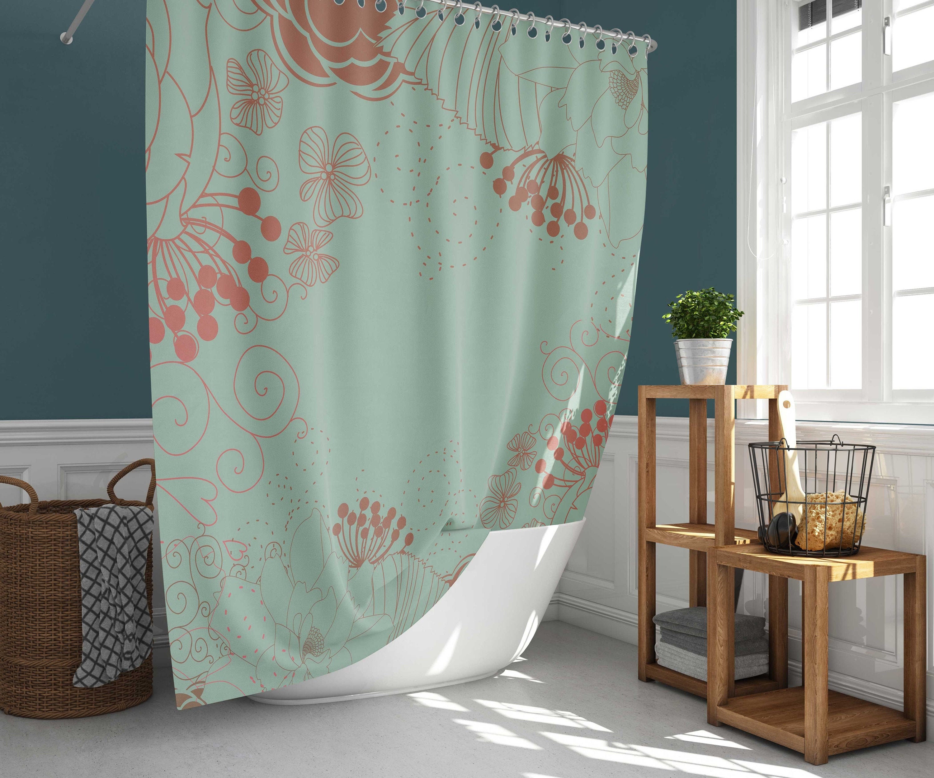 Dandelion Graphic Shower Curtain | Orange Blue Floral Pattern | Fabric Bathroom Curtain & Mat | Home Bathroom Set Decor