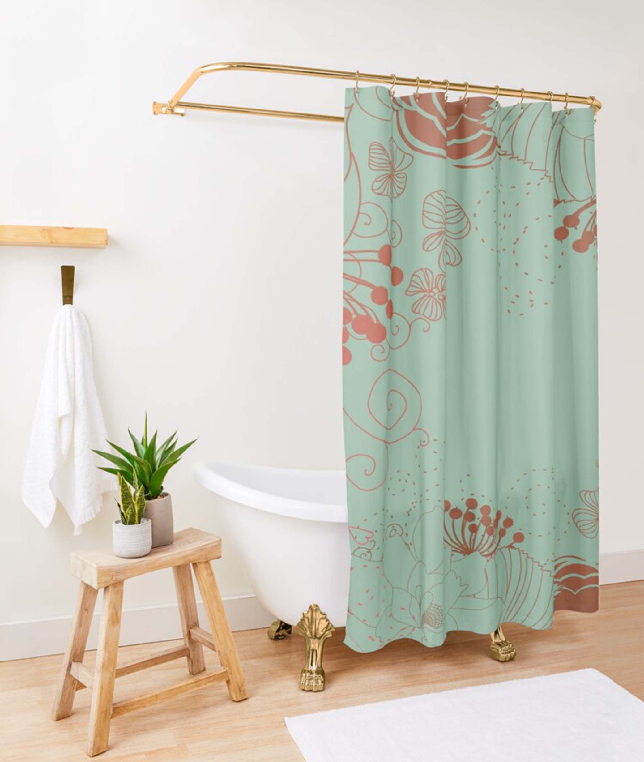 Dandelion Graphic Shower Curtain | Orange Blue Floral Pattern | Fabric Bathroom Curtain & Mat | Home Bathroom Set Decor - Image 2