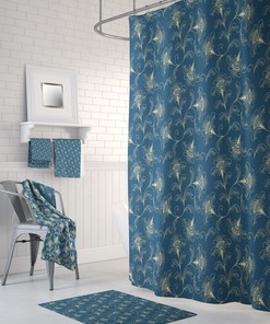 Dark Teal Floral Shower Curtain - Moody Bath Curtain with Optional Towels and Mat for Dark Bathroom Decor