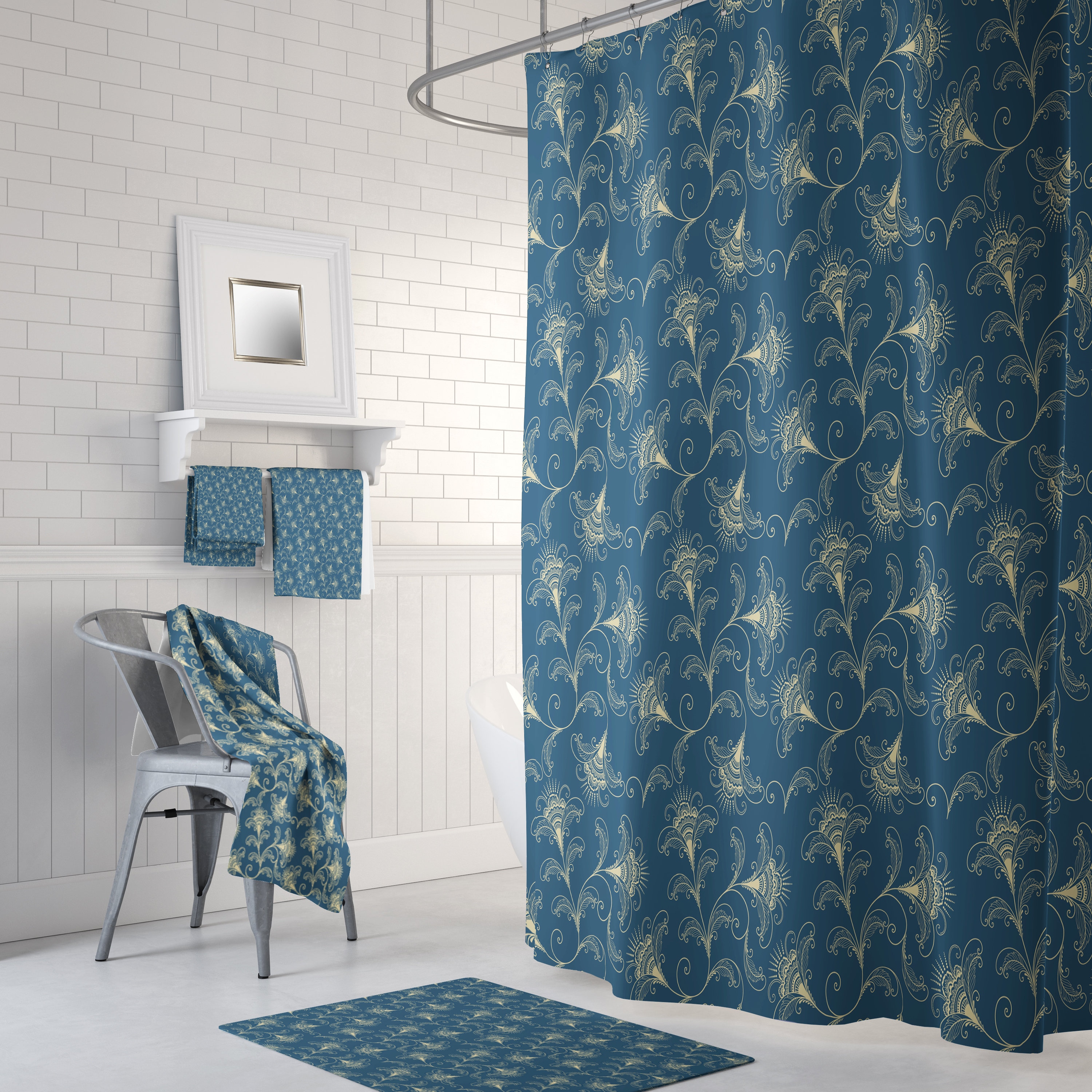 Dark Teal Floral Shower Curtain - Moody Bath Curtain with Optional Towels and Mat for Dark Bathroom Decor