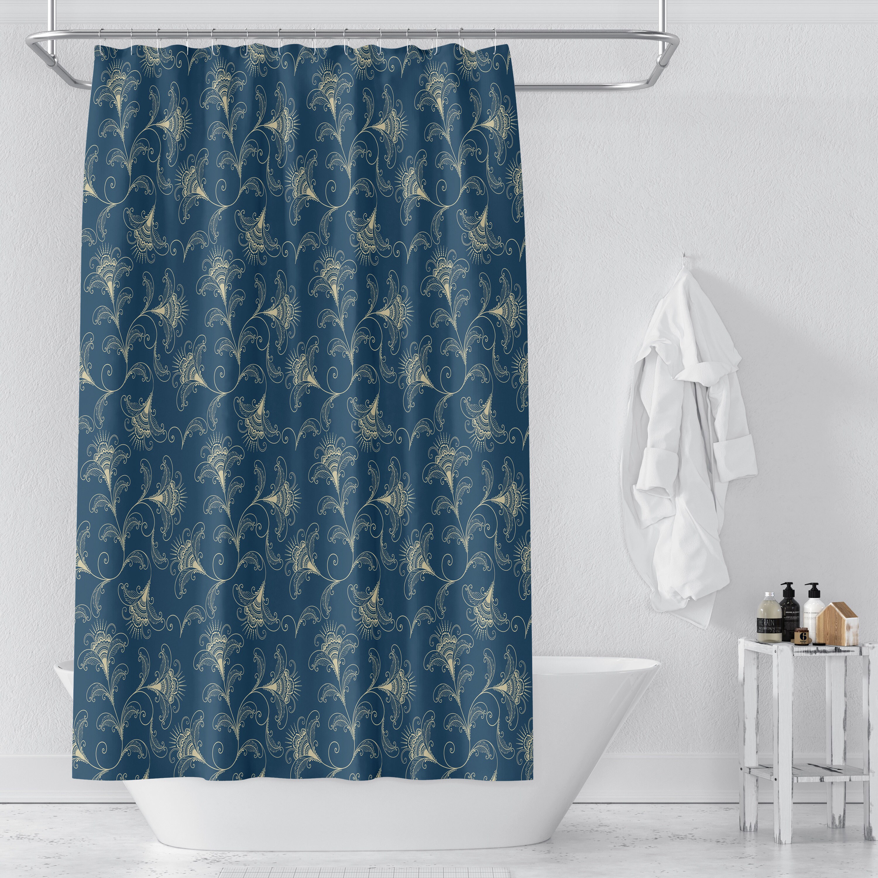 Dark Teal Floral Shower Curtain - Moody Bath Curtain with Optional Towels and Mat for Dark Bathroom Decor - Image 2