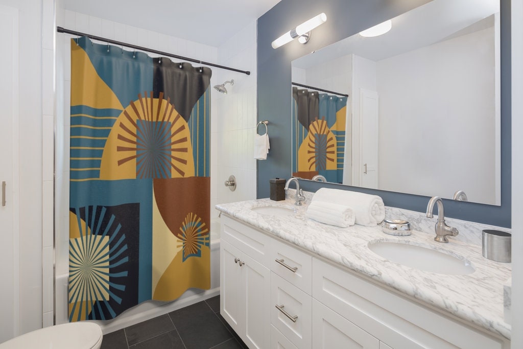 Dark Teal Mid Century Modern Shower Curtain | Retro Bathroom Decor | Apartment Bathroom - Image 2
