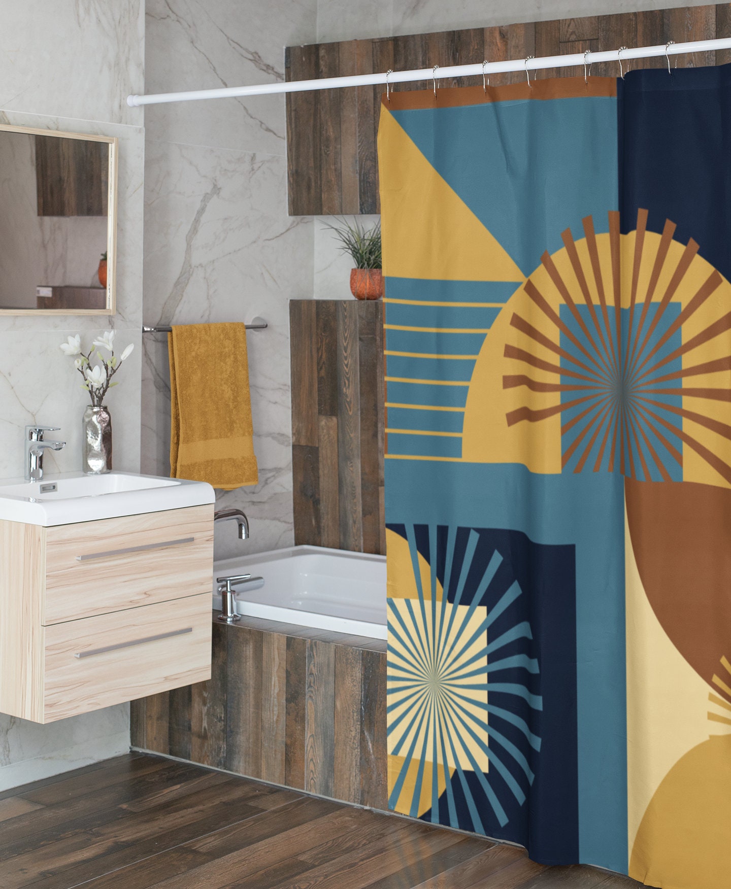 Dark Teal Mid Century Modern Shower Curtain | Retro Bathroom Decor | Apartment Bathroom - Image 3