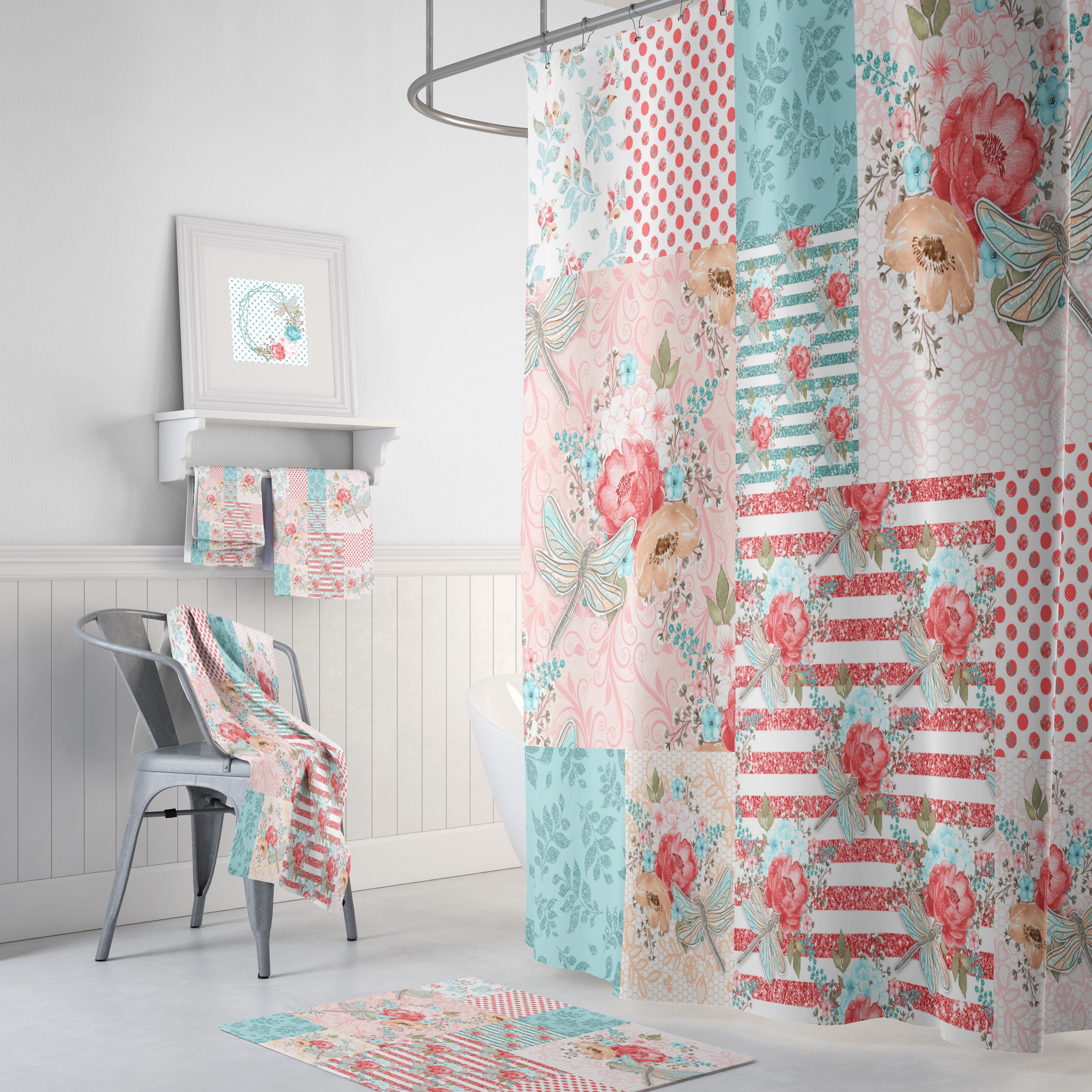 Darling Dragonfly Butterfly Shower Curtain Set with Optional Bath Mat and Towels for a Whimsical Bathroom Decor