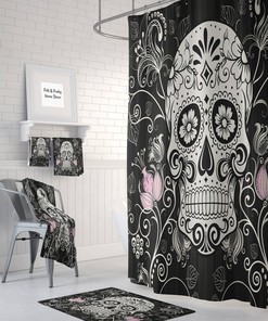 Day Of The Dead Sugar Skull Floral Shower Curtain Set in Various Colors