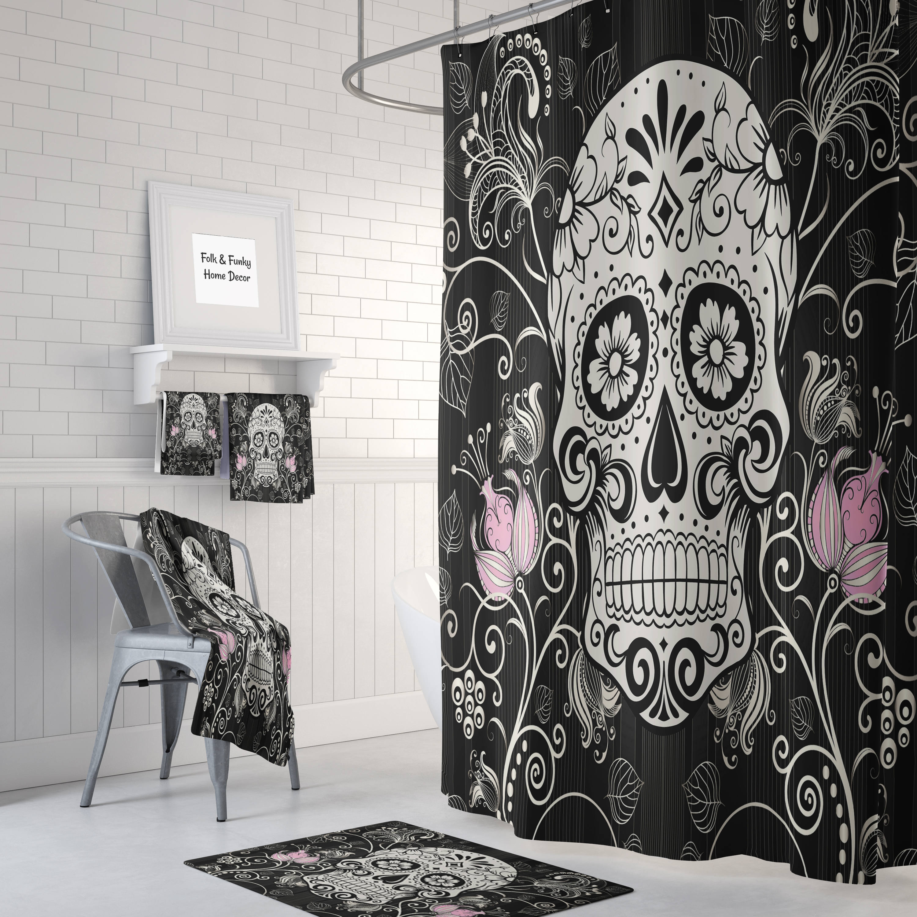 Day Of The Dead Sugar Skull Floral Shower Curtain Set in Various Colors