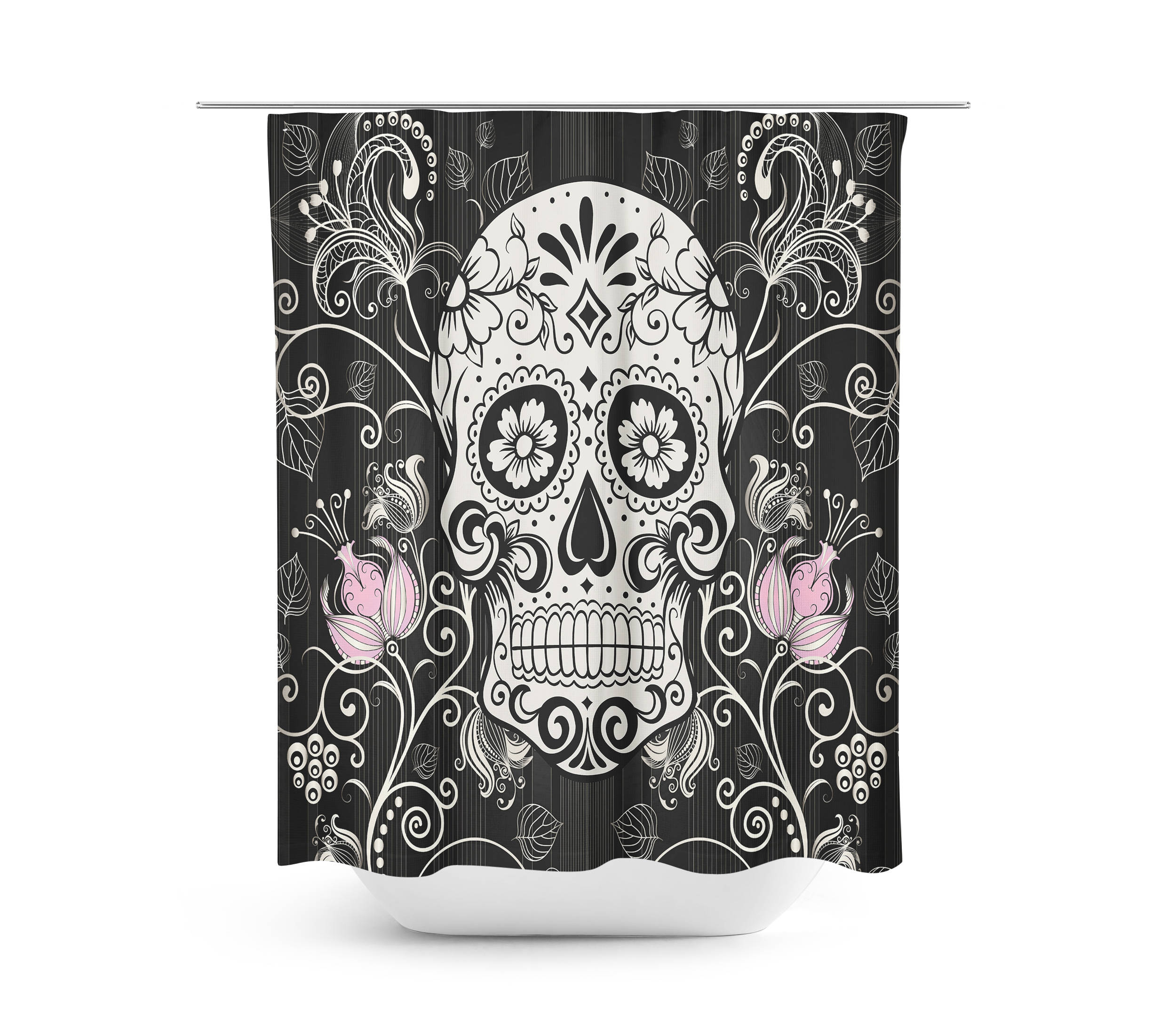 Day Of The Dead Sugar Skull Floral Shower Curtain Set in Various Colors - Image 2