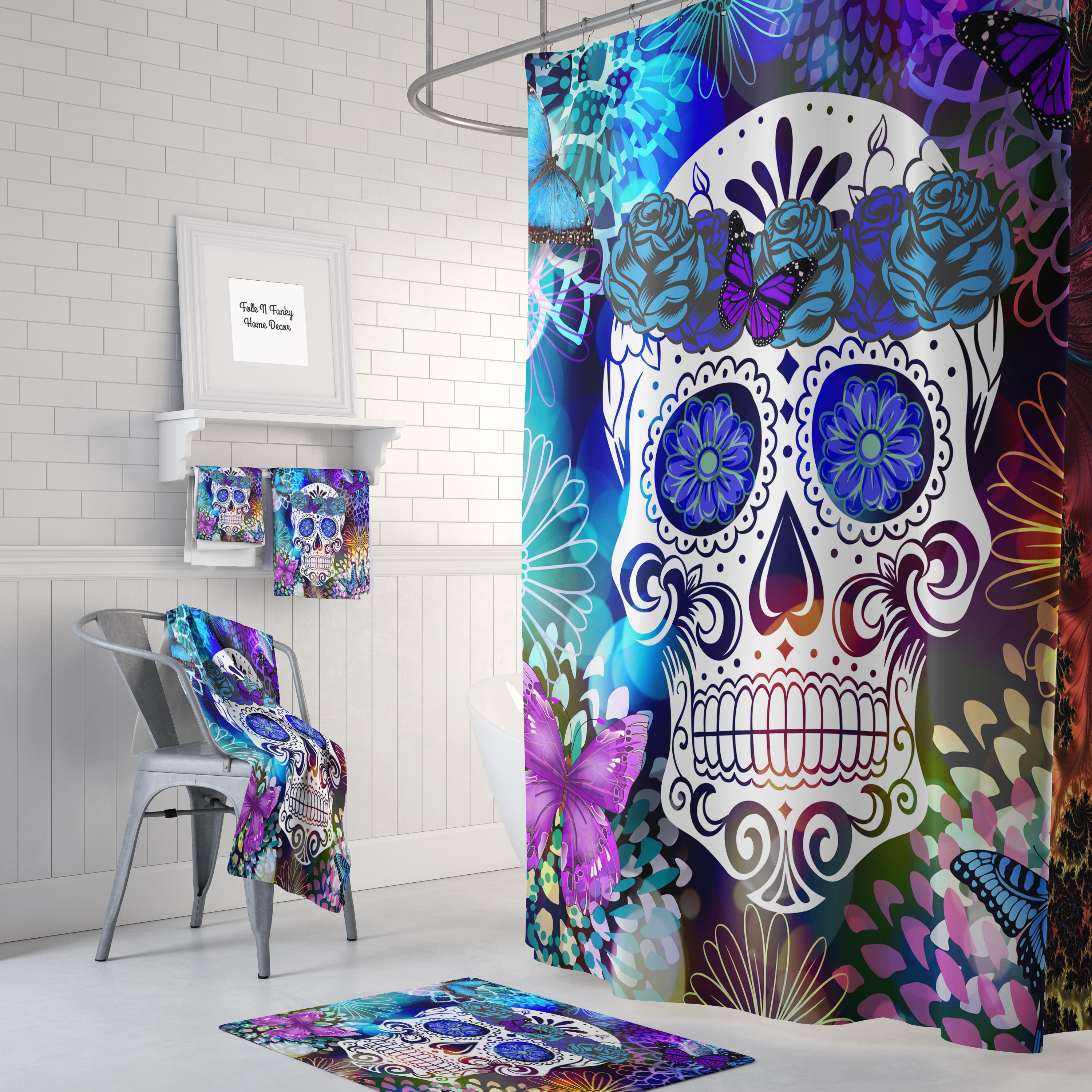 Day Of The Dead Sugar Skull Shower Curtain, Flowers and Butterflies Vintage Bathroom Decor