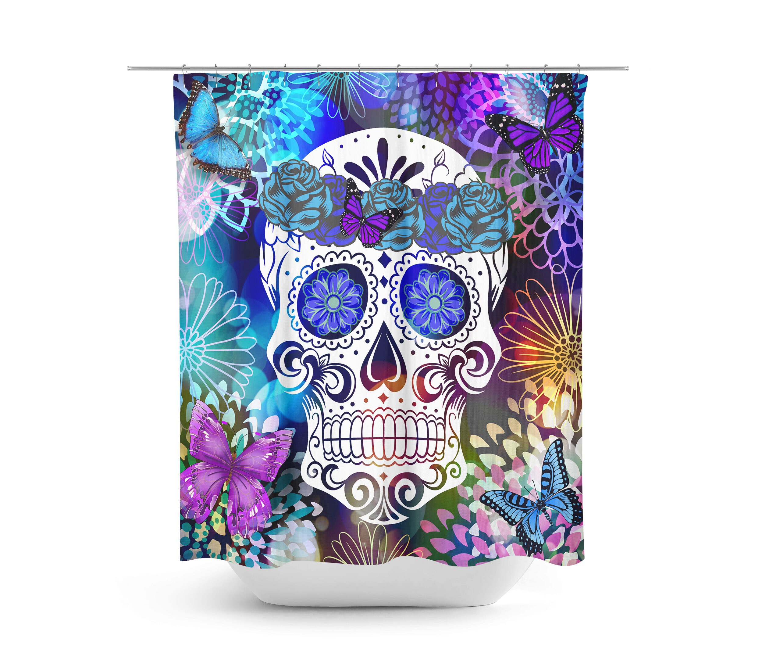 Day Of The Dead Sugar Skull Shower Curtain, Flowers and Butterflies Vintage Bathroom Decor - Image 2