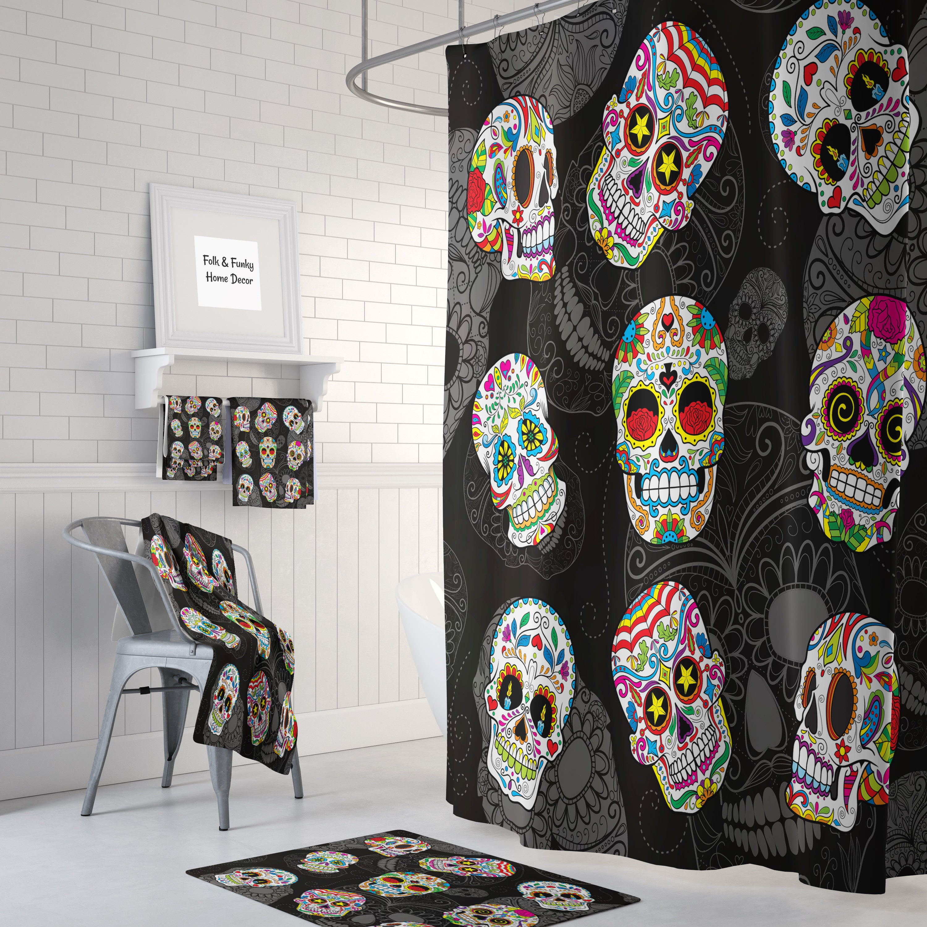 Day of the Dead Skull Shower Curtain with Gothic Bathroom Decor