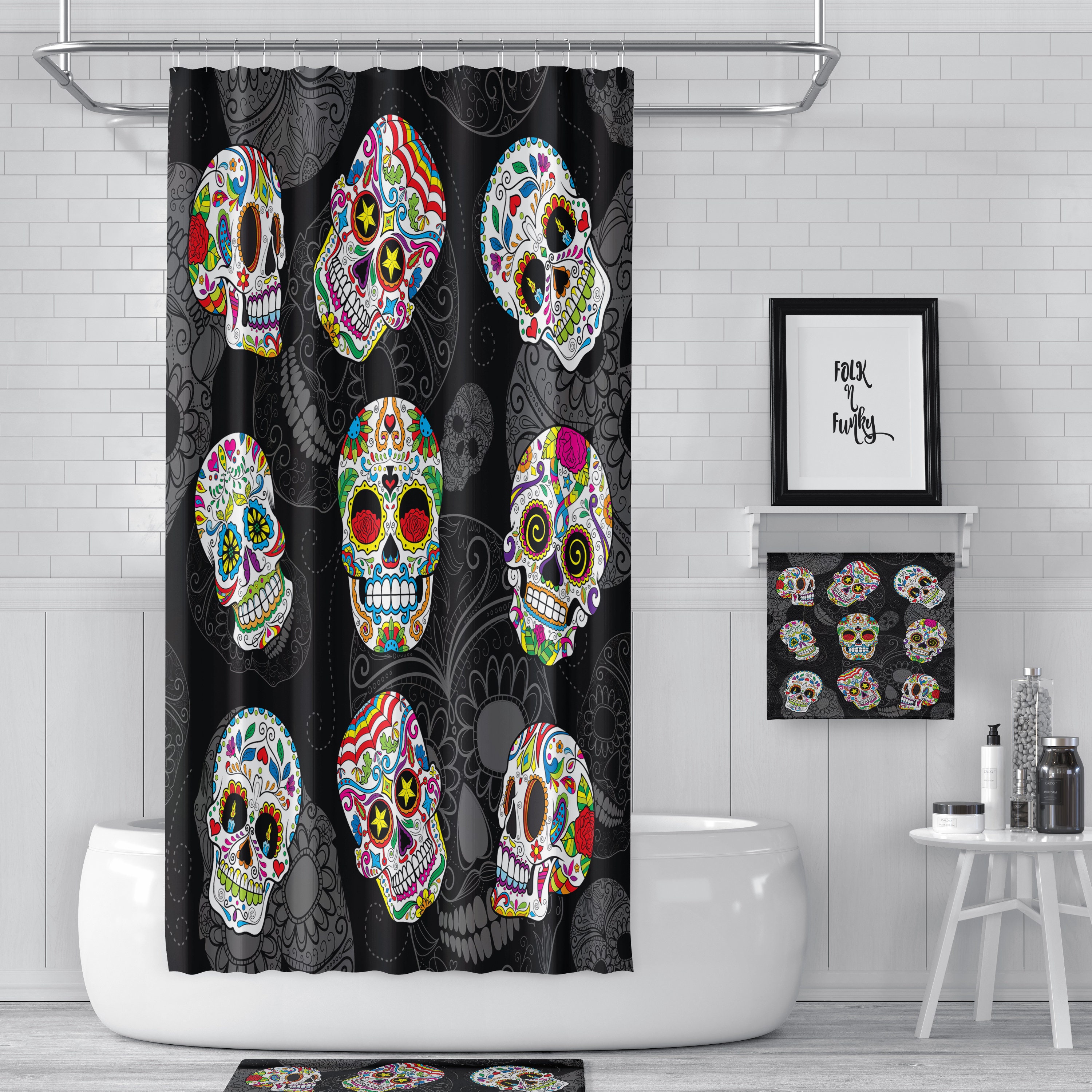 Day of the Dead Skull Shower Curtain with Gothic Bathroom Decor - Image 2