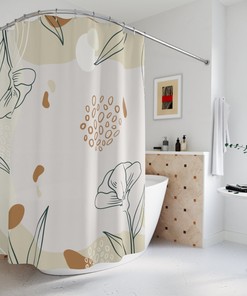 Decorative Abstract Art Shower Curtain, Peaceful & Neutral Warm Earth Colors, Leaves and Flowers Modern Contemporary Art