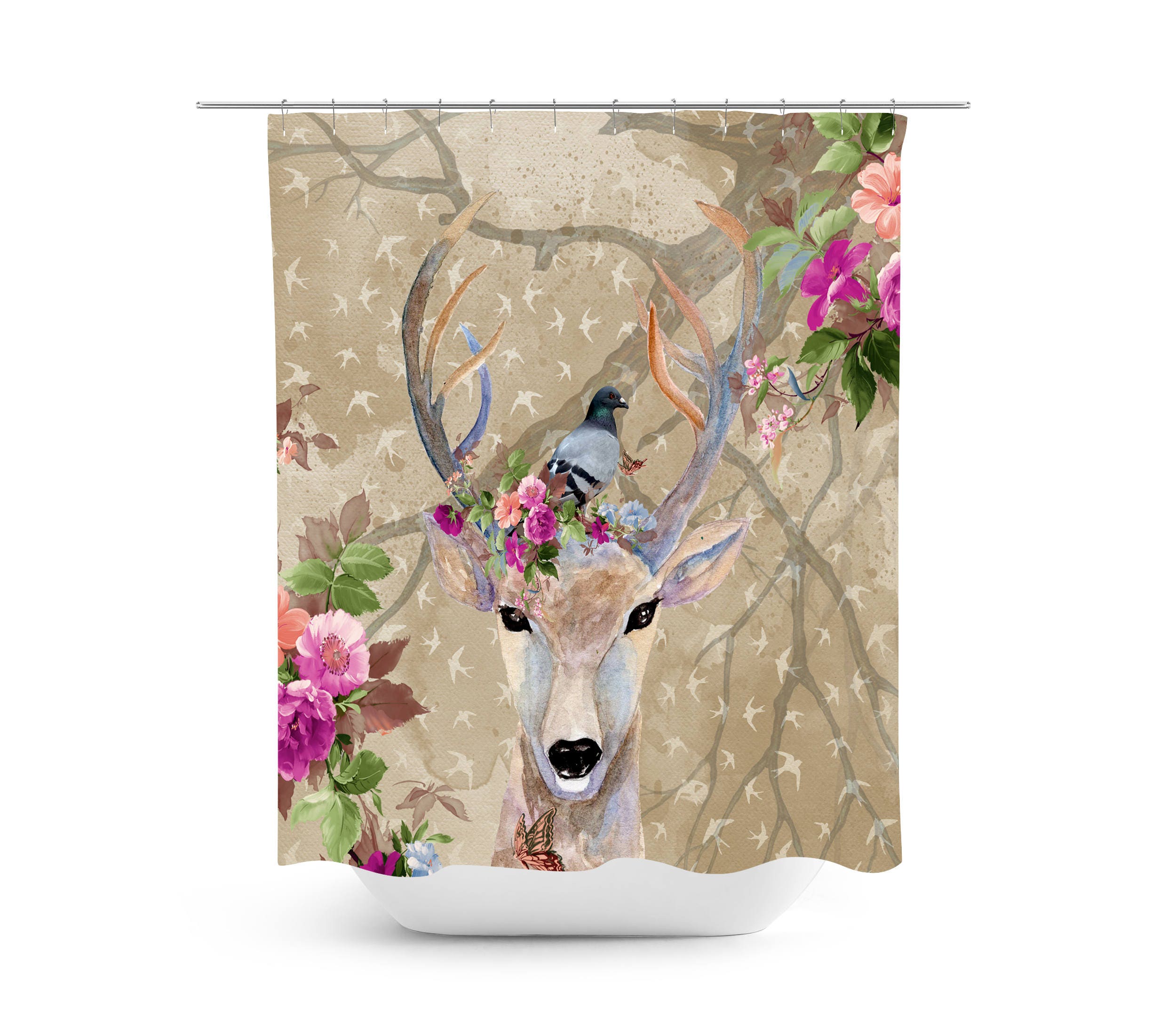 Deer Shower Curtain, Boho Chic Bathroom Decor with Kids Bathroom Shower Curtain Print - Image 2
