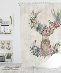 Deer and Birds Floral Shower Curtain - Rustic Bath Curtain with Optional Towels and Mat for Nature-Loving Bathroom Decor