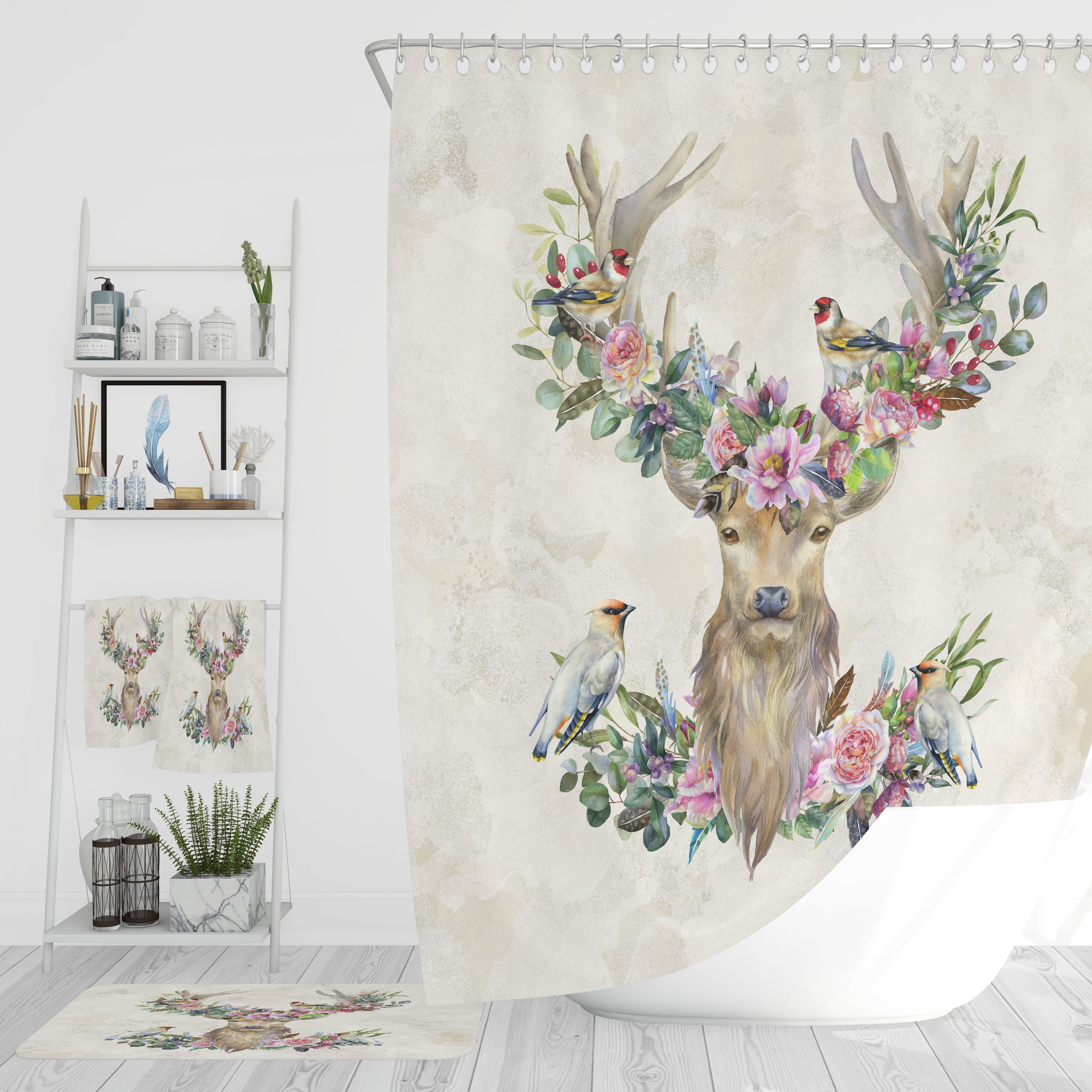 Deer and Birds Floral Shower Curtain - Rustic Bath Curtain with Optional Towels and Mat for Nature-Loving Bathroom Decor