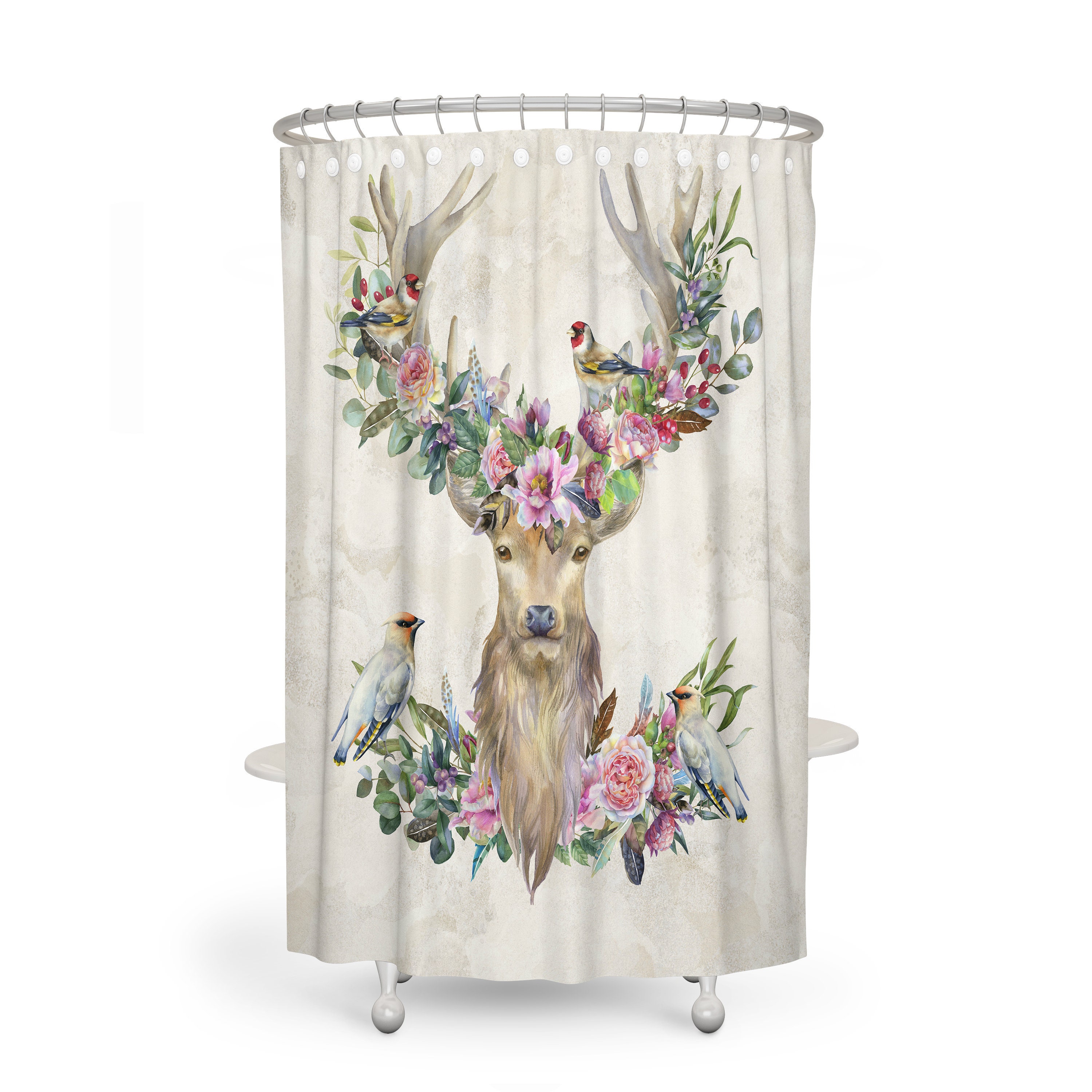 Deer and Birds Floral Shower Curtain - Rustic Bath Curtain with Optional Towels and Mat for Nature-Loving Bathroom Decor - Image 2