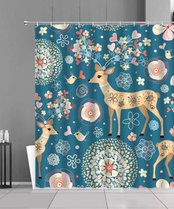 Deer in Forest Shower Curtain | Blue Floral Birds Flowers Cute Animal Home Decor Accessories