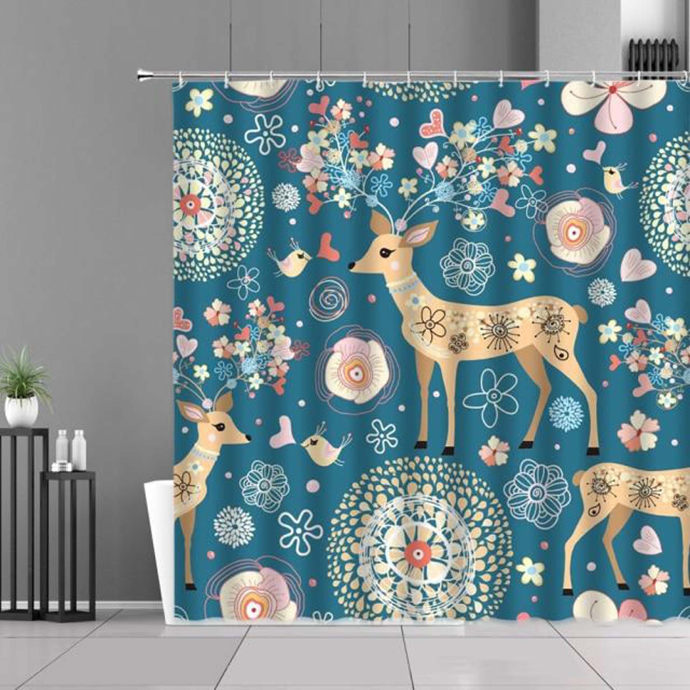 Deer in Forest Shower Curtain | Blue Floral Birds Flowers Cute Animal Home Decor Accessories