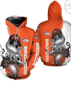 Denver Broncos Jack Skellington and Zero 3D Zip-Up Hoodie in All Over Print
