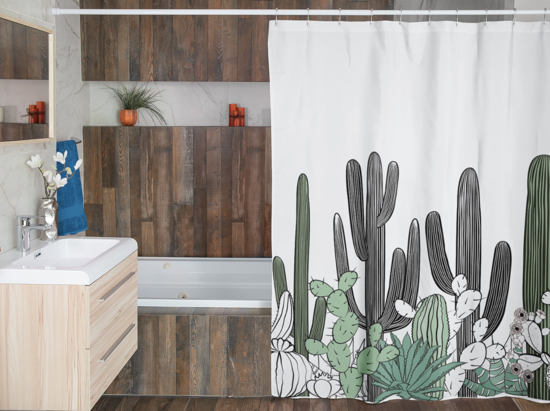 Desert Cactus Plants Shower Curtain | Cool Bathroom Decor | Southwest Style | Restroom Shower Curtains - Image 3
