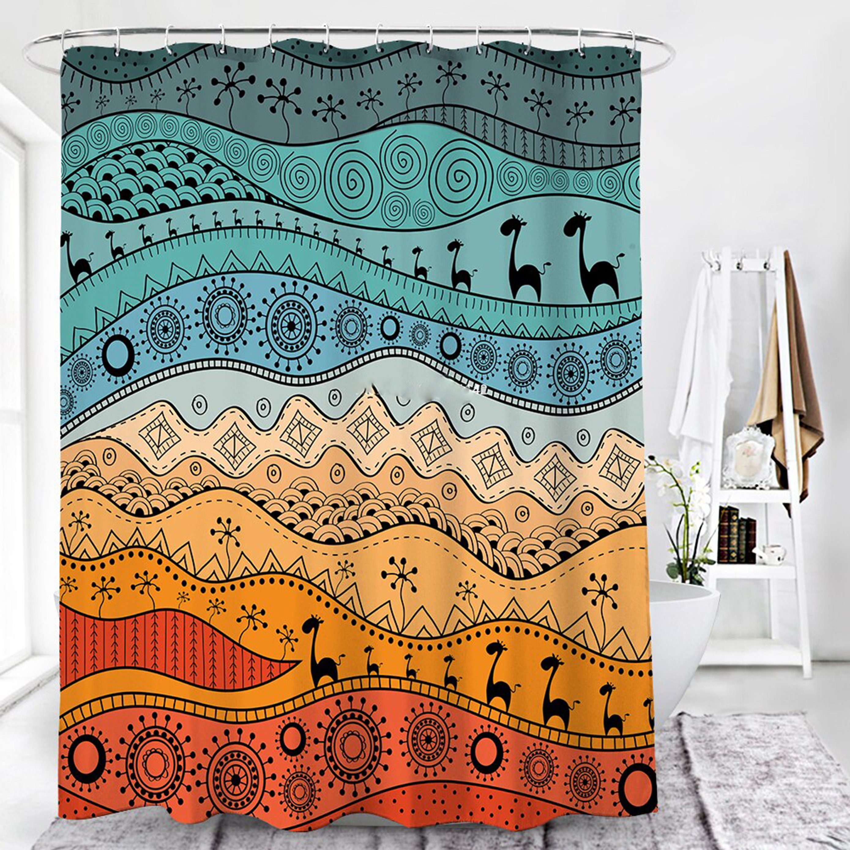Desert Landscape Shower Curtain | Colorful Sun, Trees, Animals, Graphic Bath Curtain Housewarming Gift