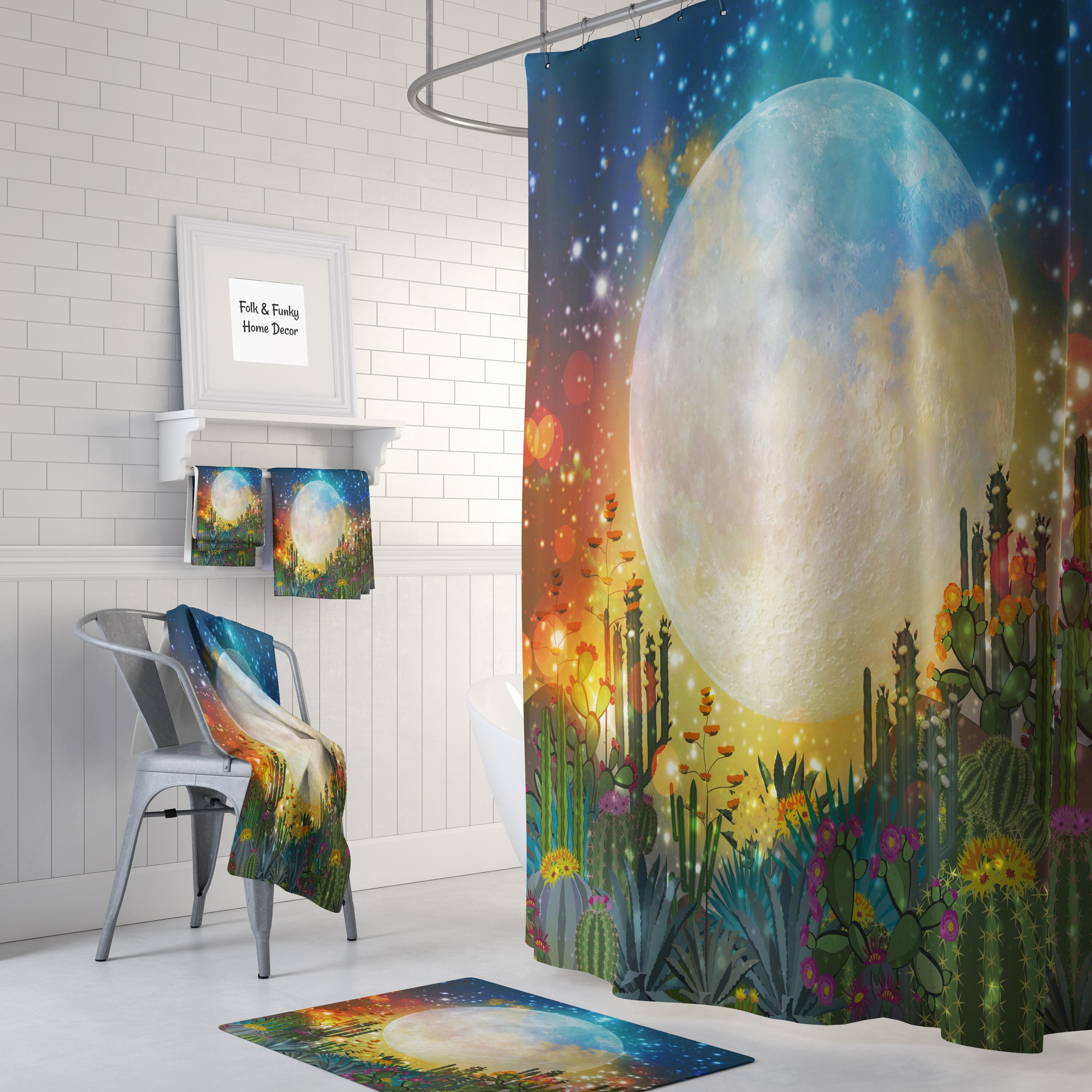 Desert Sunset Shower Curtain with Cactus Bath Mat