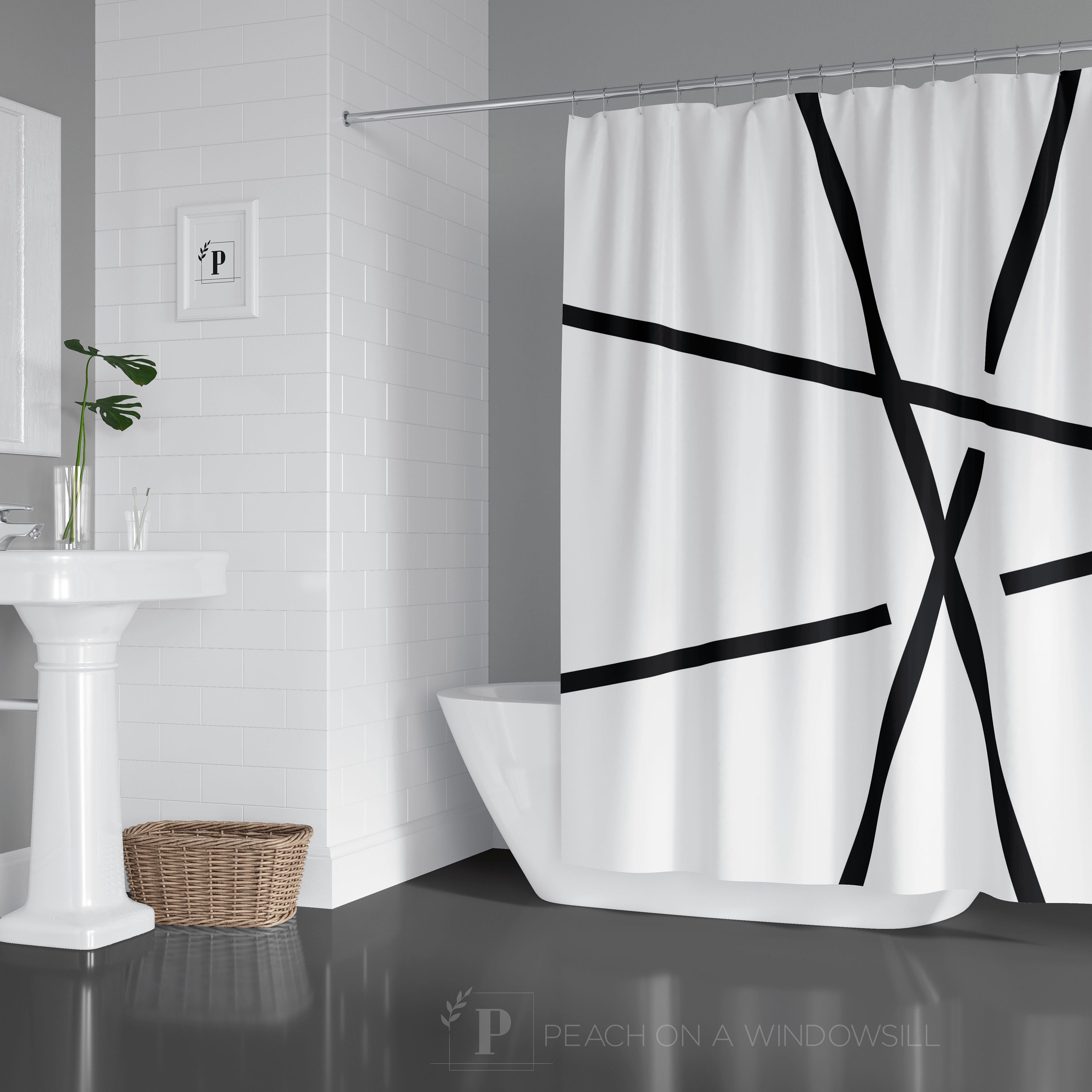 Designer Black and White Abstract Shower Curtain Line Art Design for Light and Bright Masculine Bathroom Decor