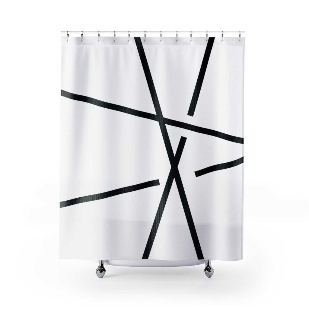 Designer Black and White Abstract Shower Curtain Line Art Design for Light and Bright Masculine Bathroom Decor - Image 2