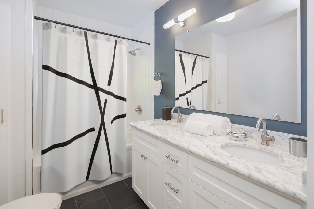 Designer Black and White Abstract Shower Curtain Line Art Design for Light and Bright Masculine Bathroom Decor - Image 3