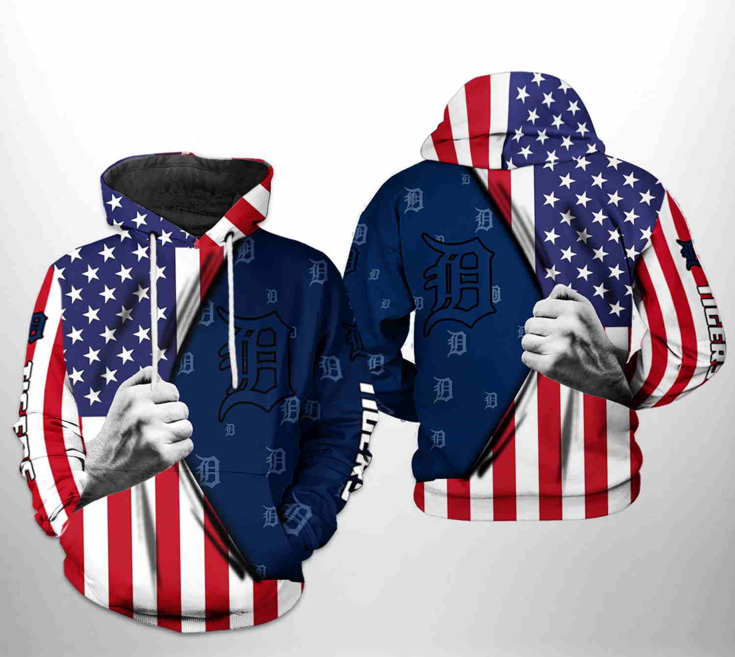 Detroit Tigers All Over Print US Flag 3D Hoodie