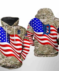 Detroit Tigers All Over Print US Flag Camo Veteran 3D Hoodie